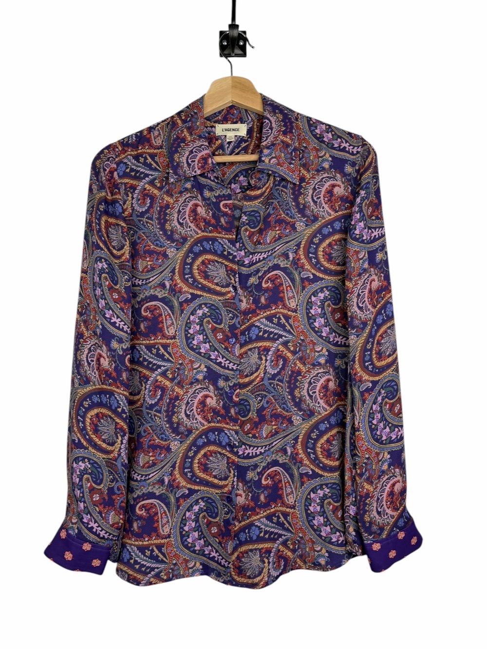 L'AGENCE Silk Purple Paisley Button Up Top Long Sleeve ‘Nina’ Blouse Boho Sz M